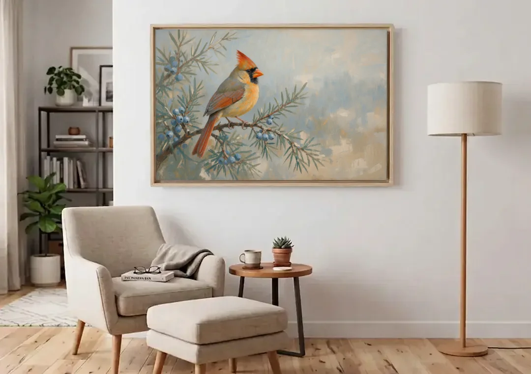 Winter Bird Painting with Juniper Berries canvas wall art above an armchair in a bright living room