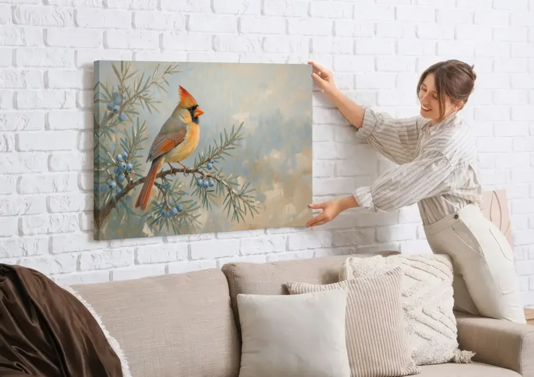 Winter Bird Painting with Juniper Berries canvas wall art being hung on a white brick wall above a sofa
