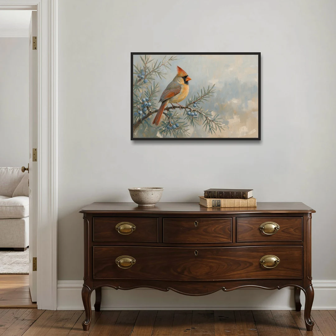 Winter Bird Painting with Juniper Berries - Black Framed Canvas Wall Art - Coffee Table - 36x24