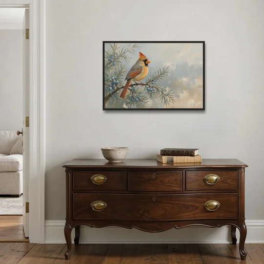 Winter Bird Painting with Juniper Berries - Black Framed Canvas Wall Art - Coffee Table - 36x24