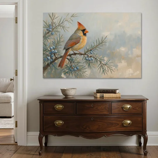 Winter Bird Painting with Juniper Berries - Canvas Wall Art - Coffee Table - 60x40