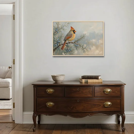 Winter Bird Painting with Juniper Berries - Oak Framed Canvas Wall Art - Coffee Table - 36x24