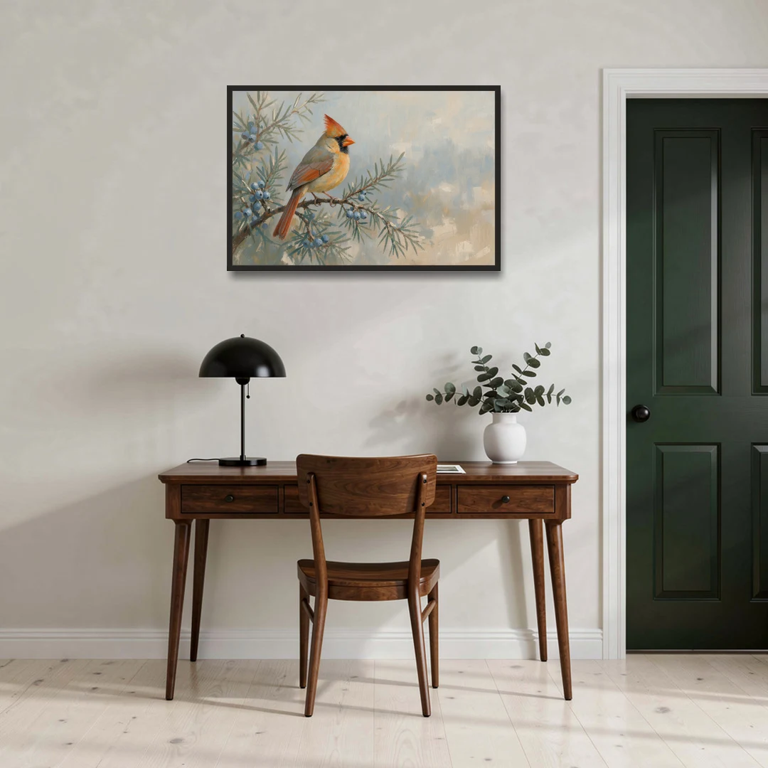 Winter Bird Painting with Juniper Berries - Black Framed Canvas Wall Art - Office - 36x24