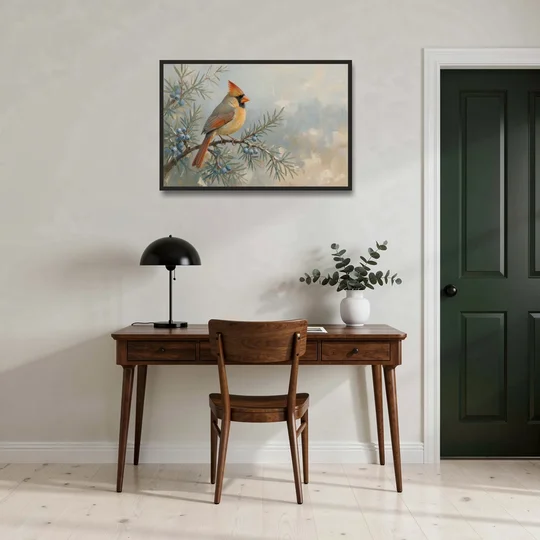 Winter Bird Painting with Juniper Berries - Black Framed Canvas Wall Art - Office - 36x24