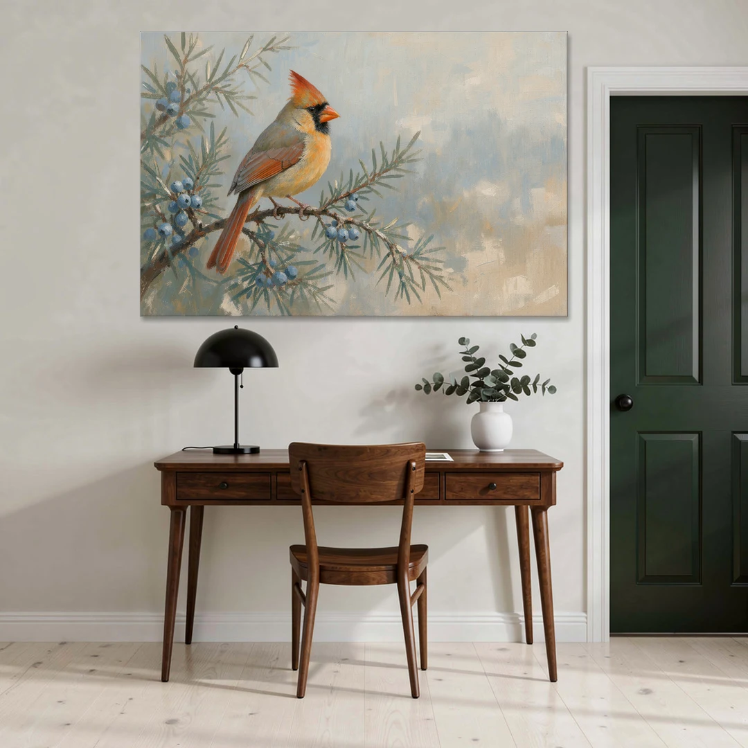 Winter Bird Painting with Juniper Berries - Canvas Wall Art - Office - 60x40