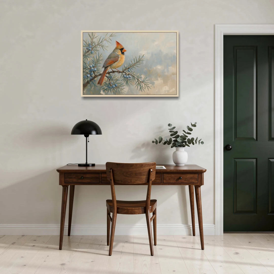 Winter Bird Painting with Juniper Berries - Oak Framed Canvas Wall Art - Office - 36x24