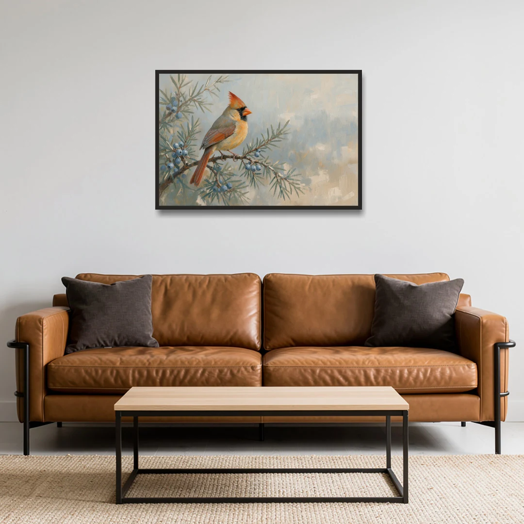 Winter Bird Painting with Juniper Berries - Black Framed Canvas Wall Art - Sofa - 36x24