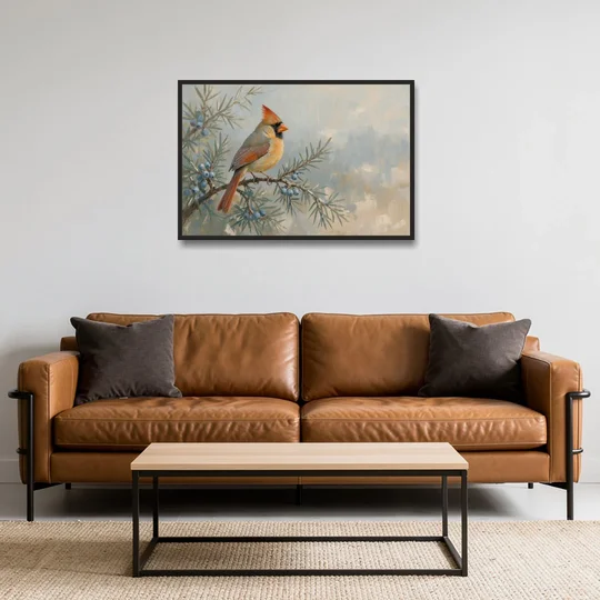 Winter Bird Painting with Juniper Berries - Black Framed Canvas Wall Art - Sofa - 36x24