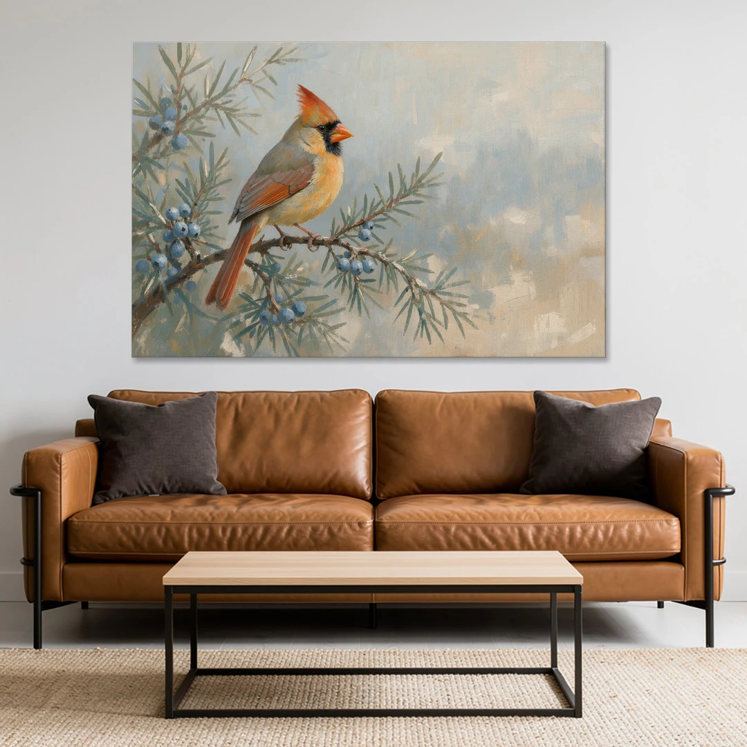 Winter Bird Painting with Juniper Berries - Canvas Wall Art - Sofa - 60x40
