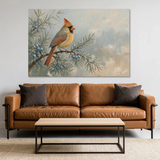 Winter Bird Painting with Juniper Berries - Canvas Wall Art - Sofa - 60x40