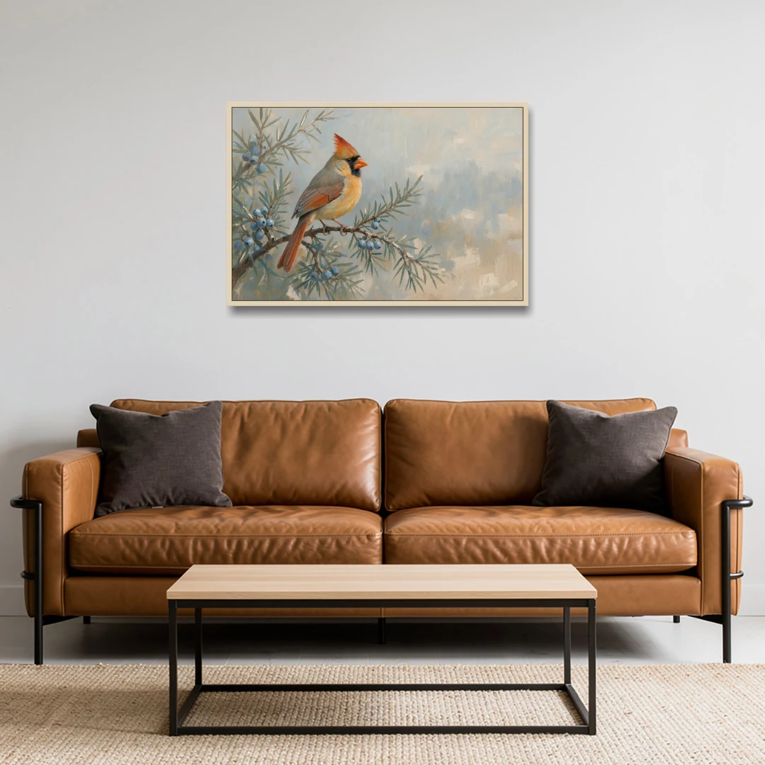 Winter Bird Painting with Juniper Berries - Oak Framed Canvas Wall Art - Sofa - 36x24