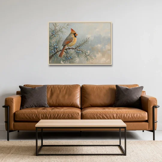 Winter Bird Painting with Juniper Berries - Oak Framed Canvas Wall Art - Sofa - 36x24