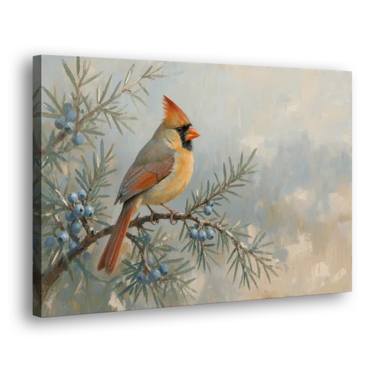 Winter Bird Painting with Juniper Berries - Canvas Wall Art - Side