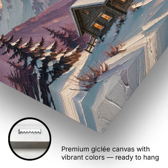 Winter Cabin Painting at Dusk - Canvas Wall Art - Gallery Wrap Corner