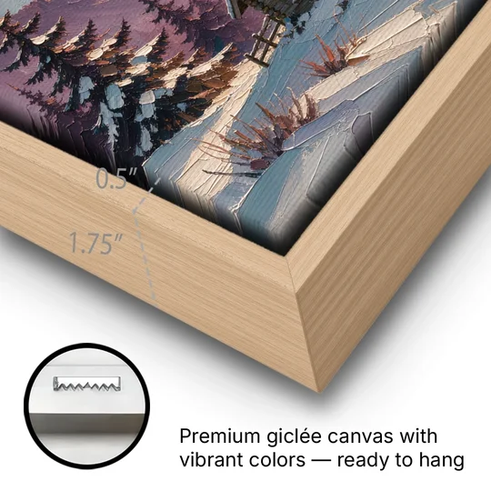 Winter Cabin Painting at Dusk - Oak Framed Canvas Wall Art - Gallery Wrap Corner