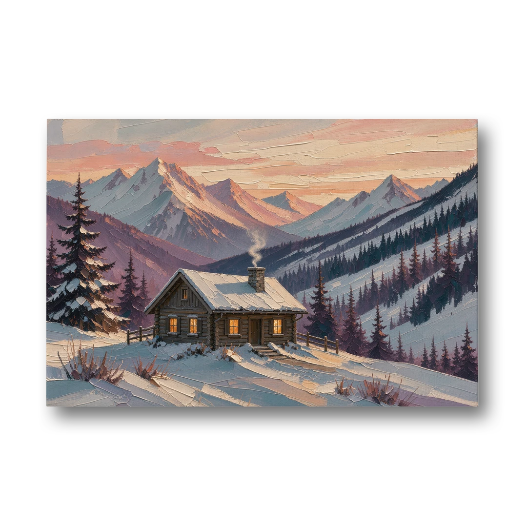 Winter Cabin Painting at Dusk - Canvas Wall Art - Front