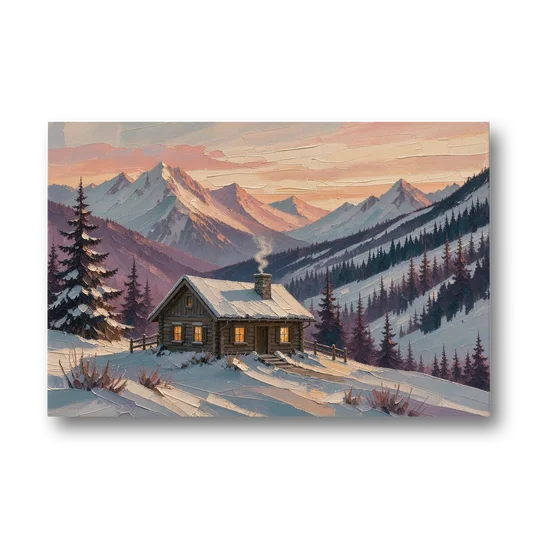 Winter Cabin Painting at Dusk - Canvas Wall Art - Front