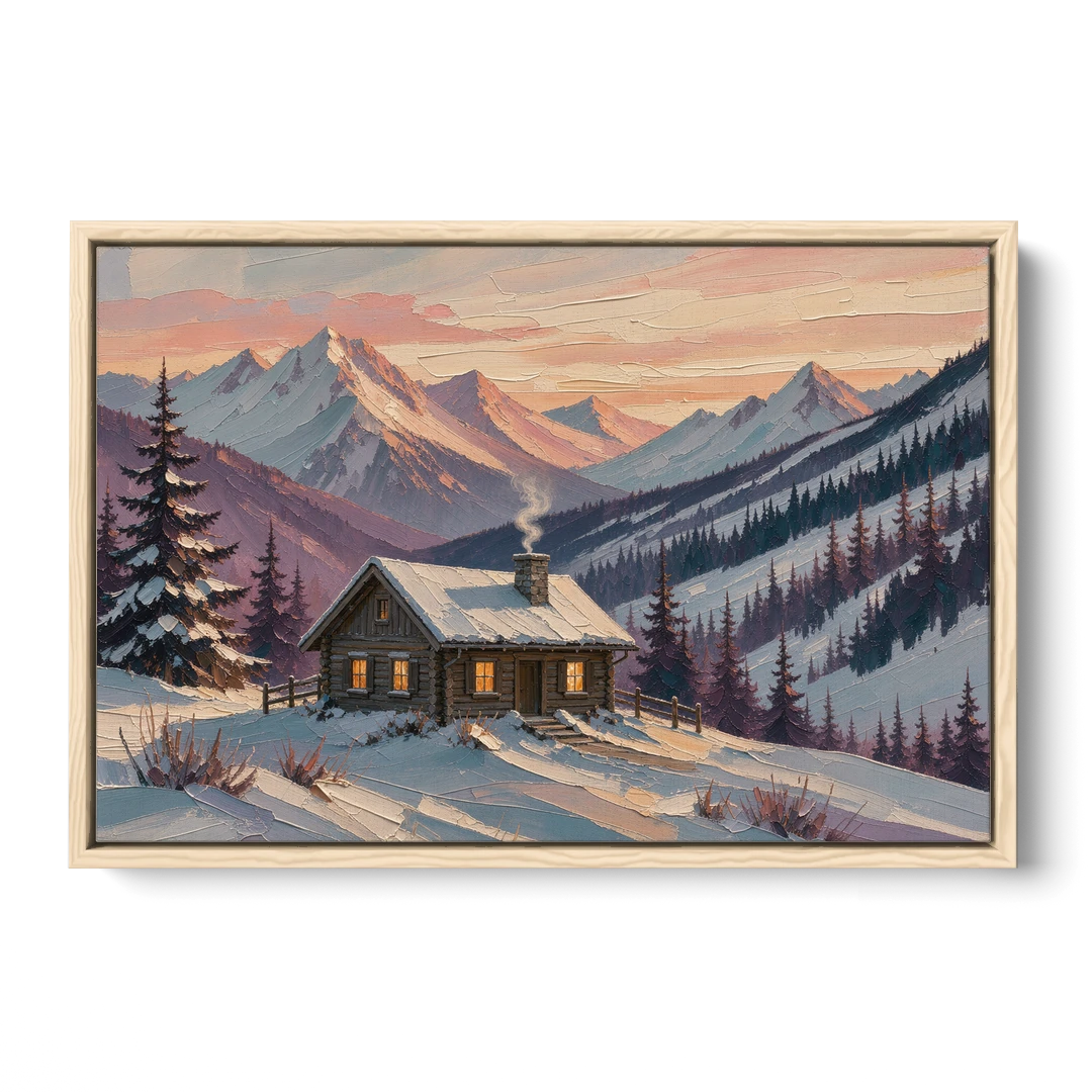 Winter Cabin Painting at Dusk - Oak Framed Canvas Wall Art - Front
