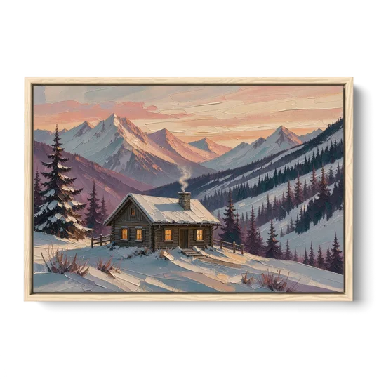 Winter Cabin Painting at Dusk - Oak Framed Canvas Wall Art - Front