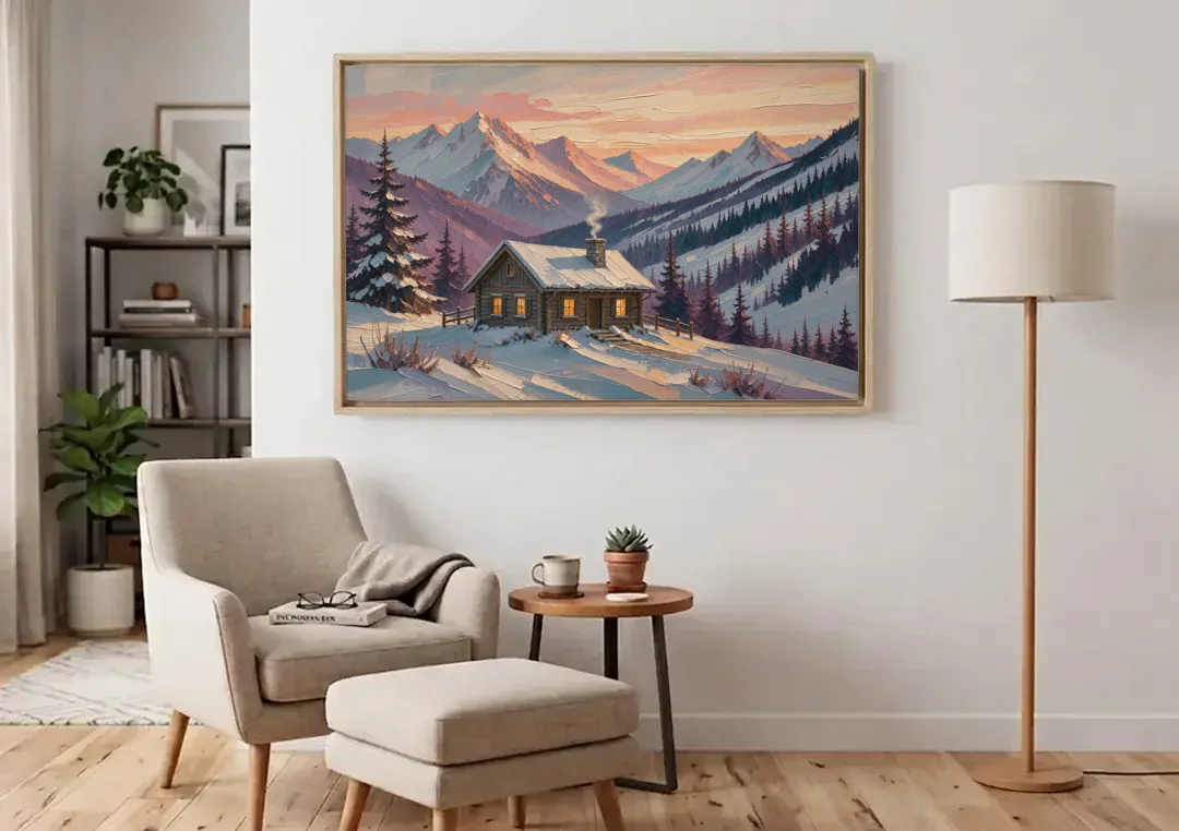 Winter Cabin Painting at Dusk canvas wall art above an armchair in a bright living room