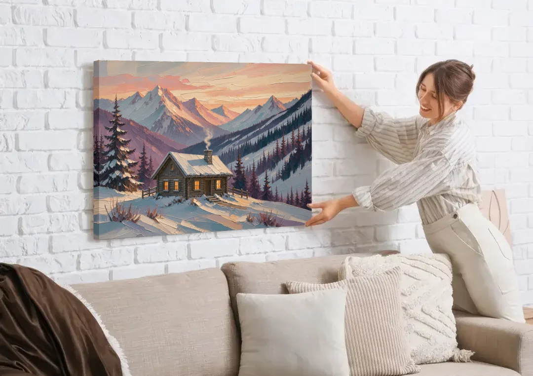 Winter Cabin Painting at Dusk canvas wall art being hung on a white brick wall above a sofa