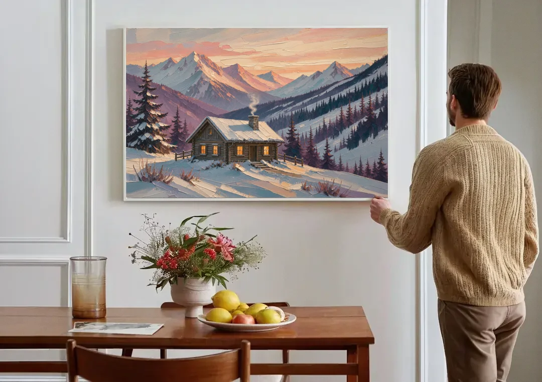 Winter Cabin Painting at Dusk canvas wall art above a dining table