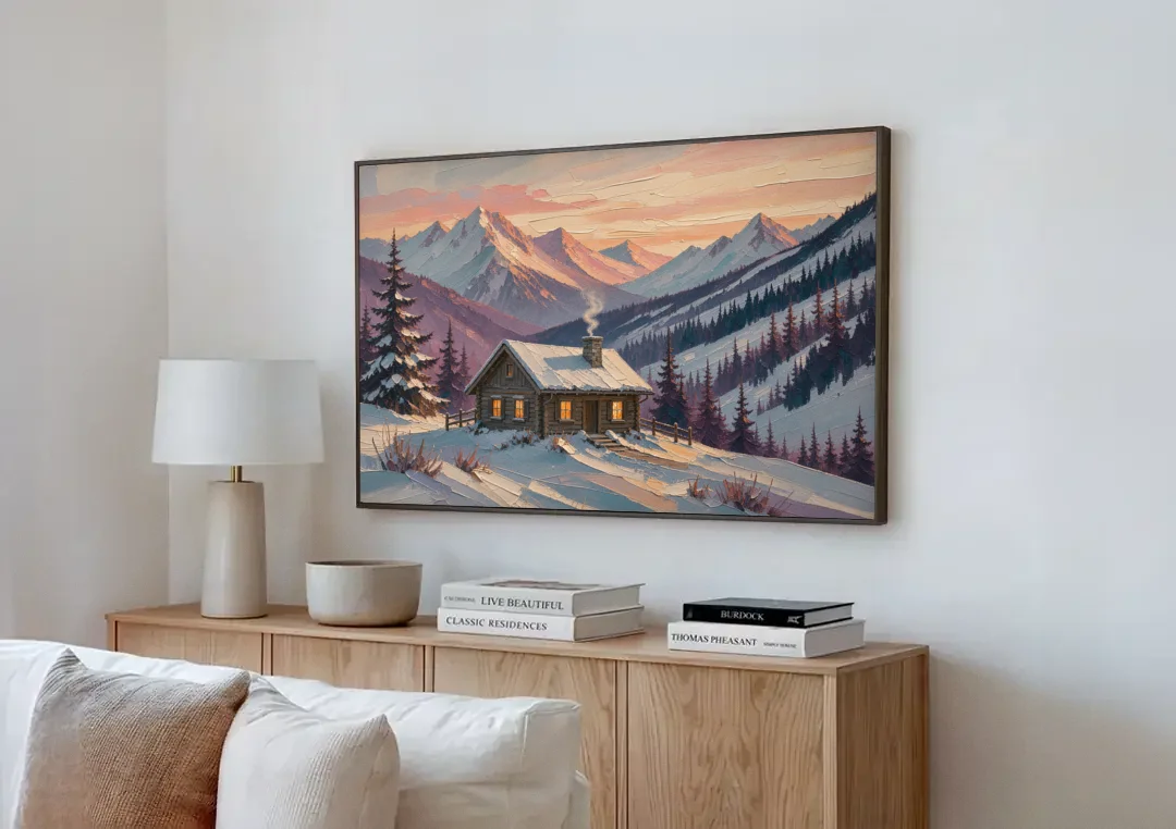 Winter Cabin Painting at Dusk canvas wall art above a wooden sideboard next to a sofa