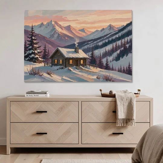 Winter Cabin Painting at Dusk - Canvas Wall Art - Coffee Table - 60x40