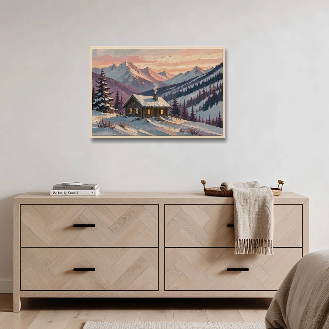 Winter Cabin Painting at Dusk - Oak Framed Canvas Wall Art - Coffee Table - 36x24