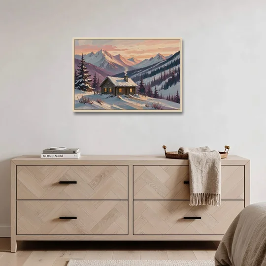 Winter Cabin Painting at Dusk - Oak Framed Canvas Wall Art - Coffee Table - 36x24