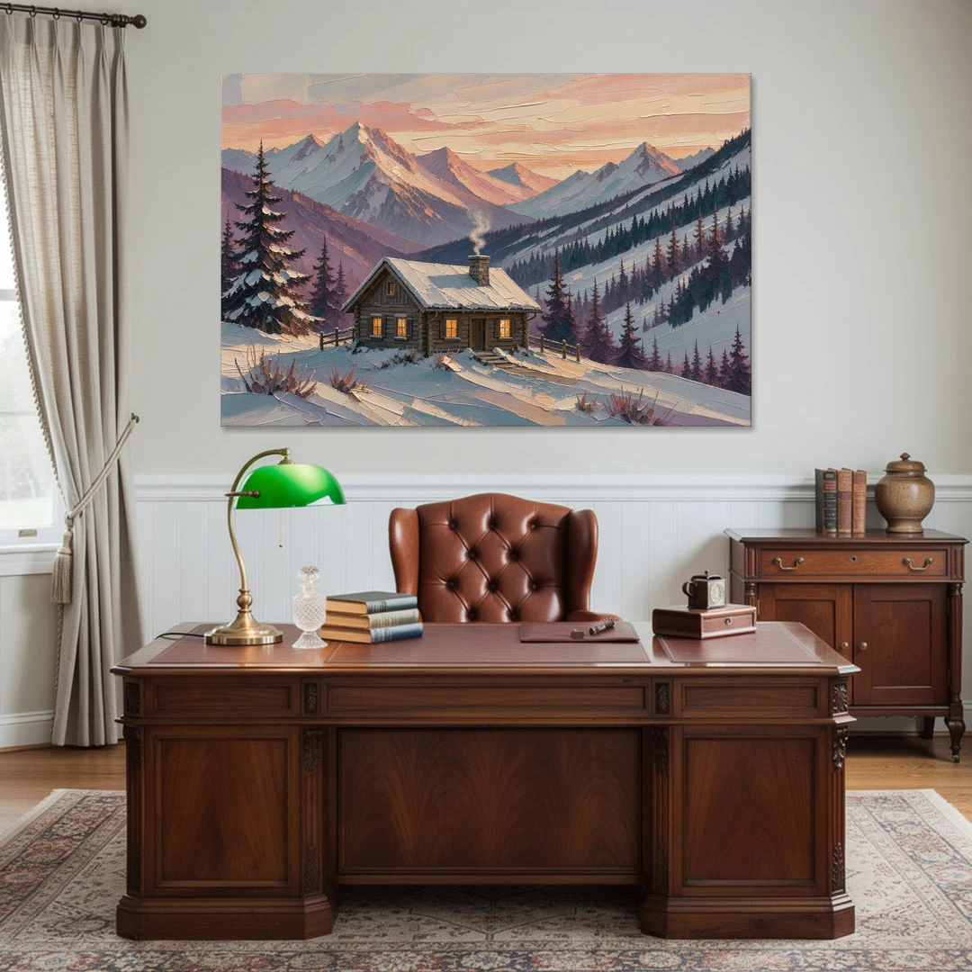 Winter Cabin Painting at Dusk - Canvas Wall Art - Office - 60x40