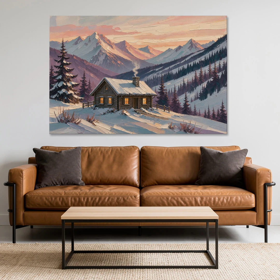 Winter Cabin Painting at Dusk - Canvas Wall Art - Sofa - 60x40
