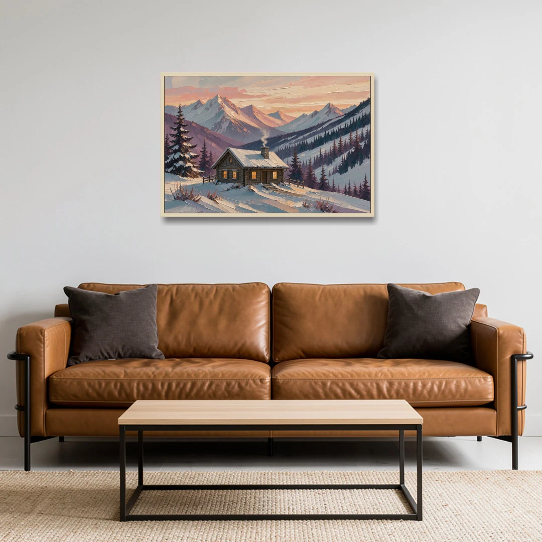Winter Cabin Painting at Dusk - Oak Framed Canvas Wall Art - Sofa - 36x24