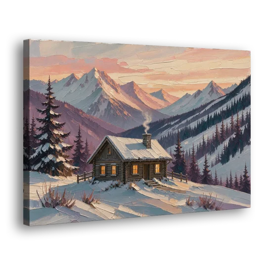 Winter Cabin Painting at Dusk - Canvas Wall Art - Side