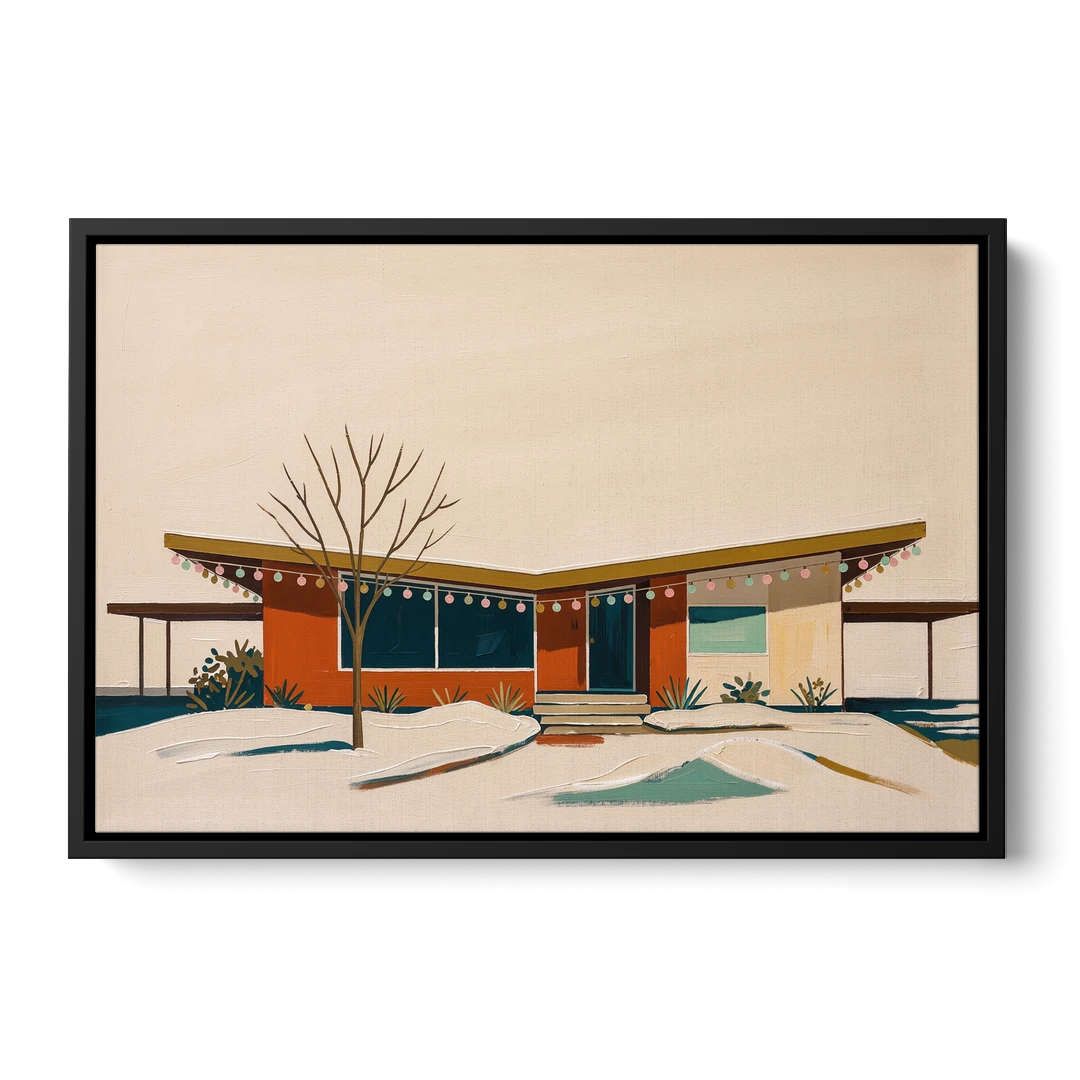 Winter Christmas Painting of a Butterfly Roof Ranch - Black Framed Canvas Wall Art - Front