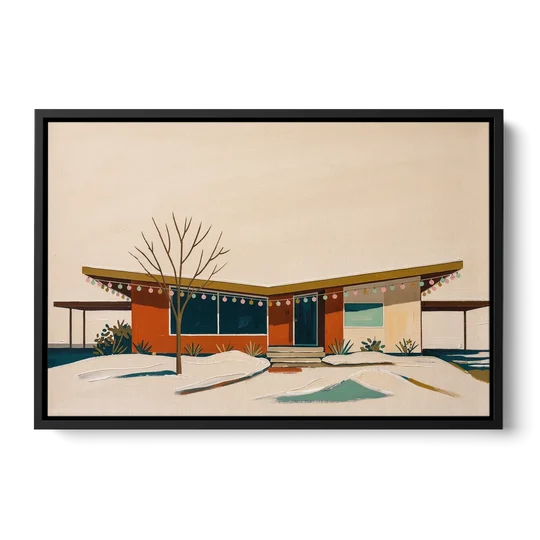 Winter Christmas Painting of a Butterfly Roof Ranch - Black Framed Canvas Wall Art - Front