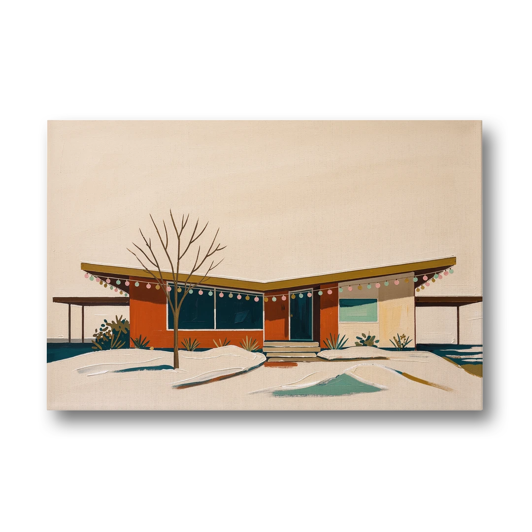 Winter Christmas Painting of a Butterfly Roof Ranch - Canvas Wall Art - Front