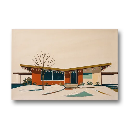 Winter Christmas Painting of a Butterfly Roof Ranch - Canvas Wall Art - Front