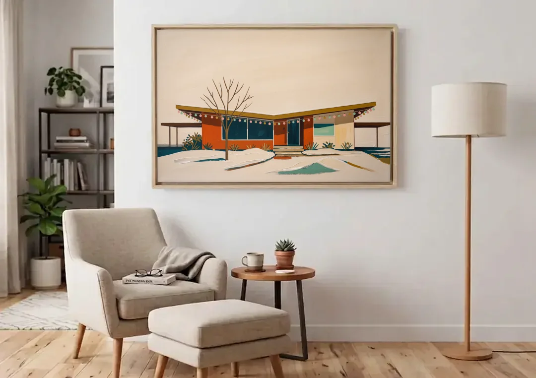 Winter Christmas Painting of a Butterfly Roof Ranch canvas wall art above an armchair in a bright living room
