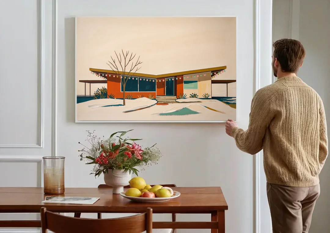 Winter Christmas Painting of a Butterfly Roof Ranch canvas wall art above a dining table
