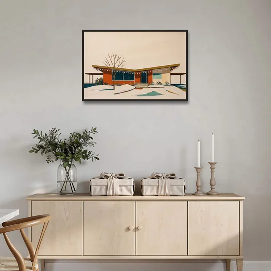 Winter Christmas Painting of a Butterfly Roof Ranch - Black Framed Canvas Wall Art - Coffee Table - 36x24
