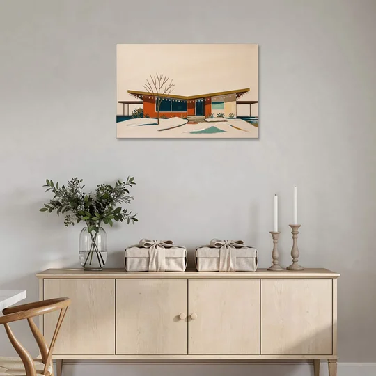 Winter Christmas Painting of a Butterfly Roof Ranch - Canvas Wall Art - Coffee Table - 36x24