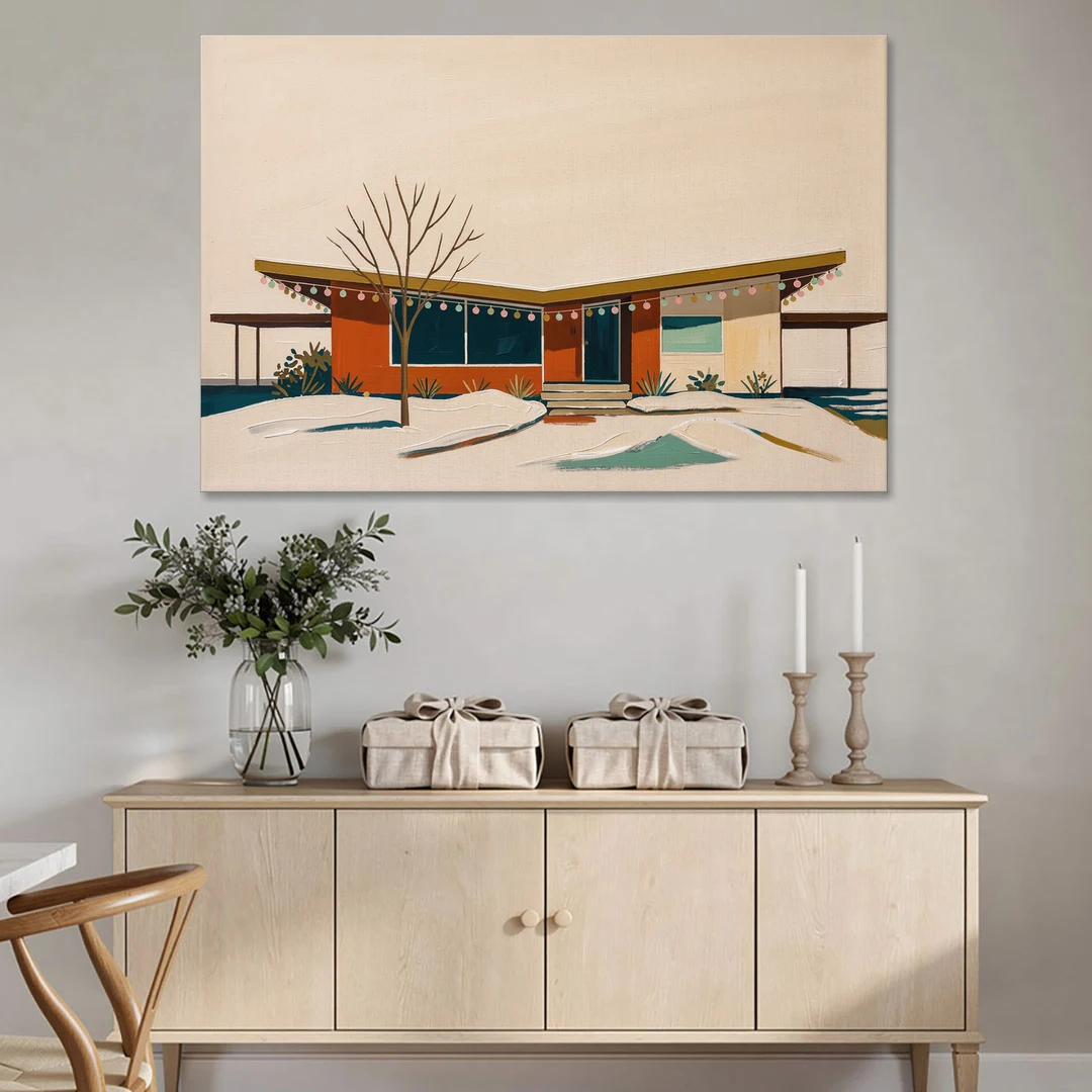 Winter Christmas Painting of a Butterfly Roof Ranch - Canvas Wall Art - Coffee Table - 60x40