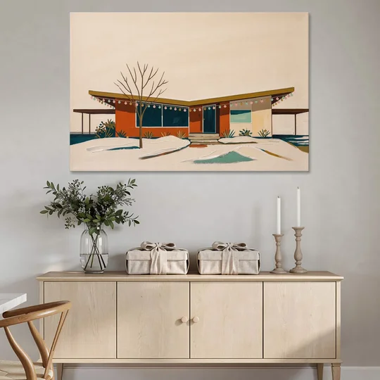 Winter Christmas Painting of a Butterfly Roof Ranch - Canvas Wall Art - Coffee Table - 60x40