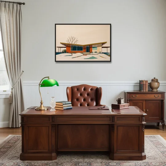 Winter Christmas Painting of a Butterfly Roof Ranch - Black Framed Canvas Wall Art - Office - 36x24