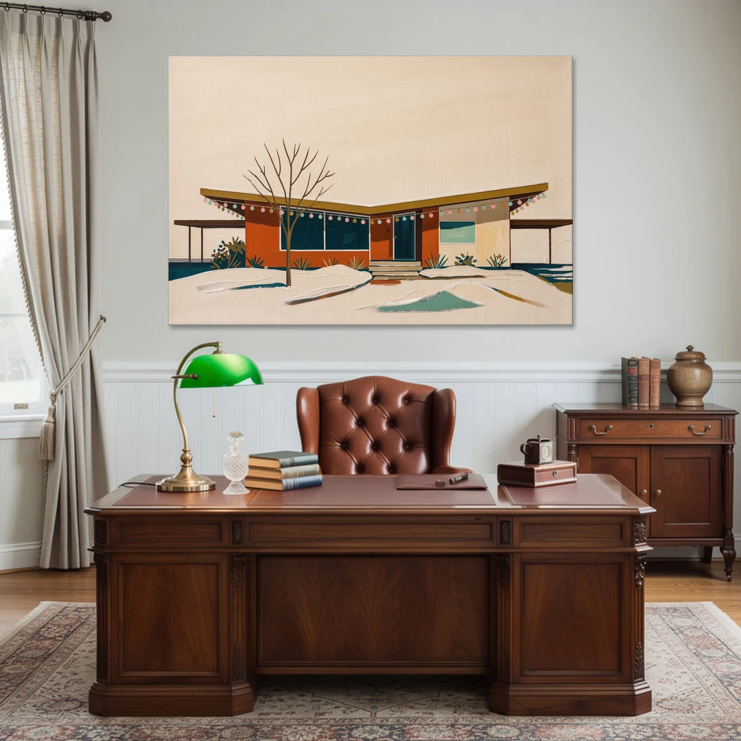 Winter Christmas Painting of a Butterfly Roof Ranch - Canvas Wall Art - Office - 60x40