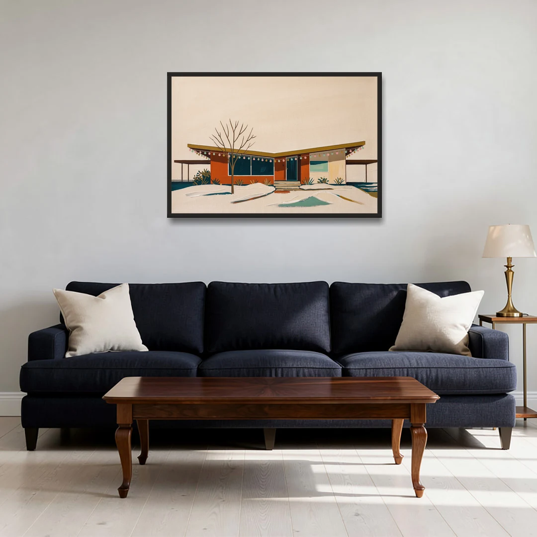 Winter Christmas Painting of a Butterfly Roof Ranch - Black Framed Canvas Wall Art - Sofa - 36x24