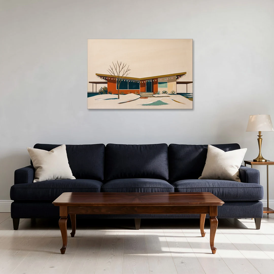Winter Christmas Painting of a Butterfly Roof Ranch - Canvas Wall Art - Sofa - 36x24