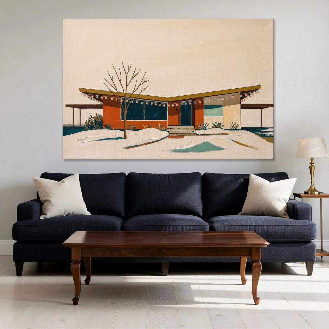 Winter Christmas Painting of a Butterfly Roof Ranch - Canvas Wall Art - Sofa - 60x40
