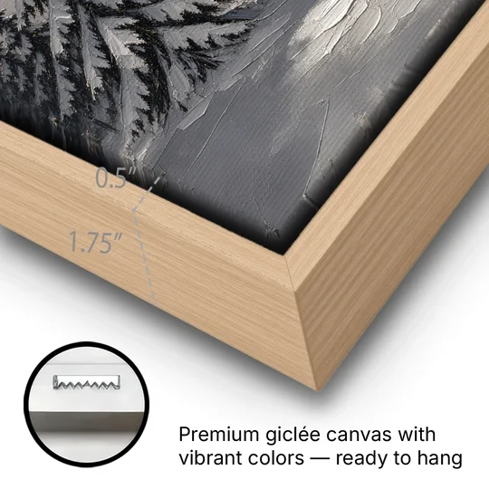 Winter Forest Painting Under a Full Moon - Oak Framed Canvas Wall Art - Gallery Wrap Corner
